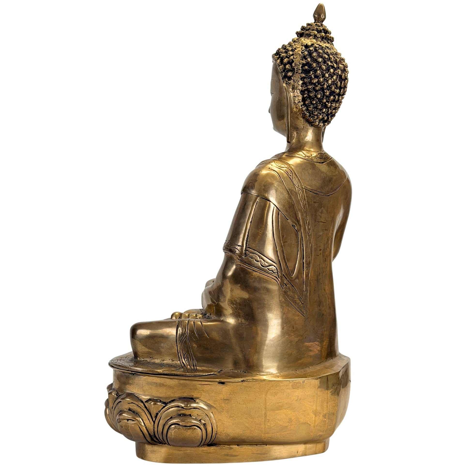 Left rear three-quarter view of the antique Tibetan-Himalayan Shakyamuni Buddha