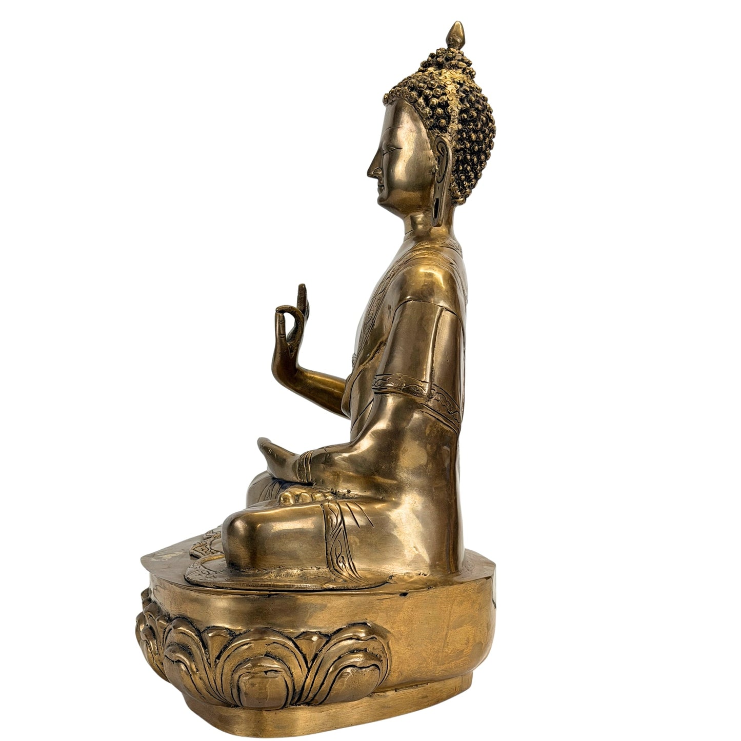 Left side view of the large antique Tibetan Shakyamuni Buddha in bronze