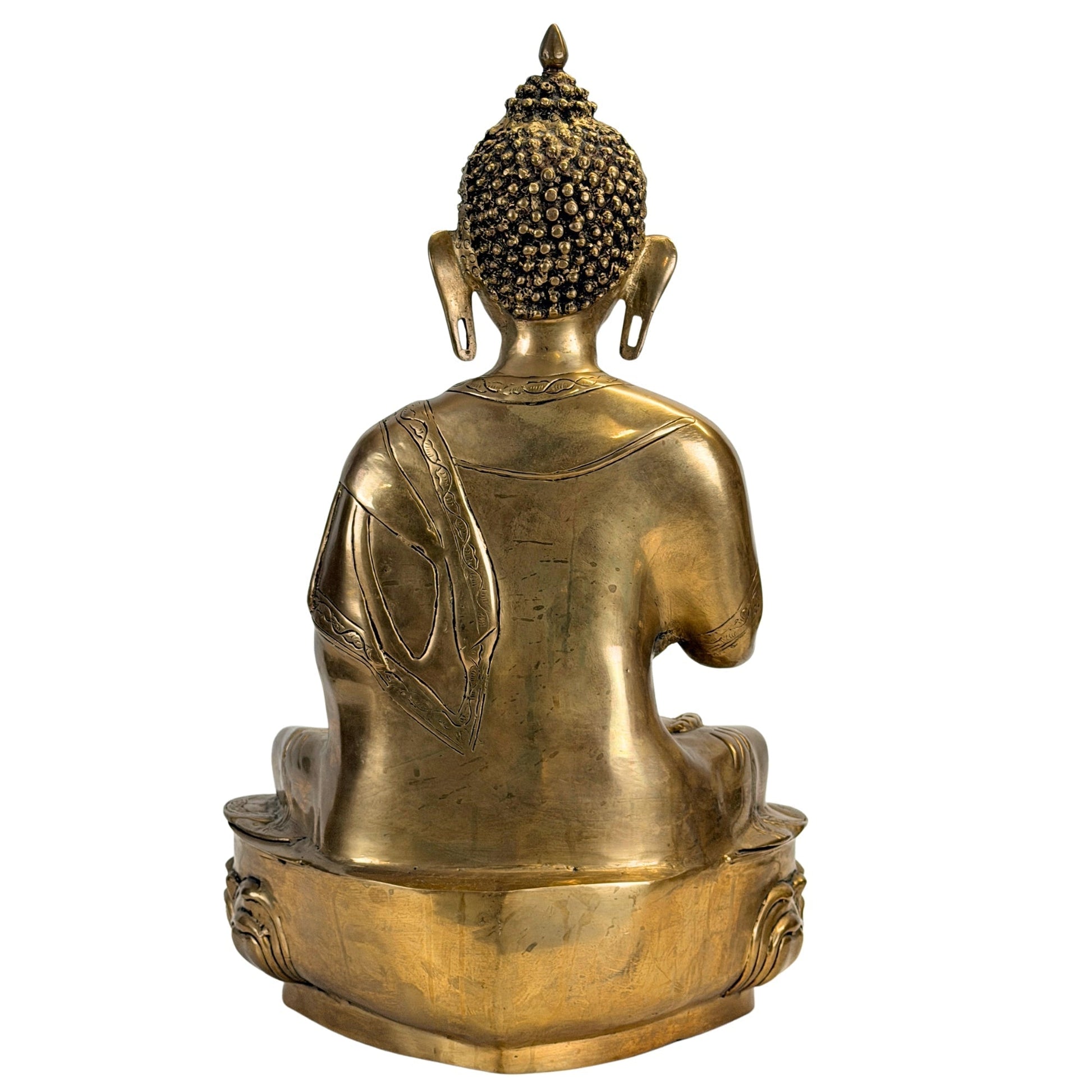 Rear view of the antique Tibetan Shakyamuni Buddha and richly modelled lotus base