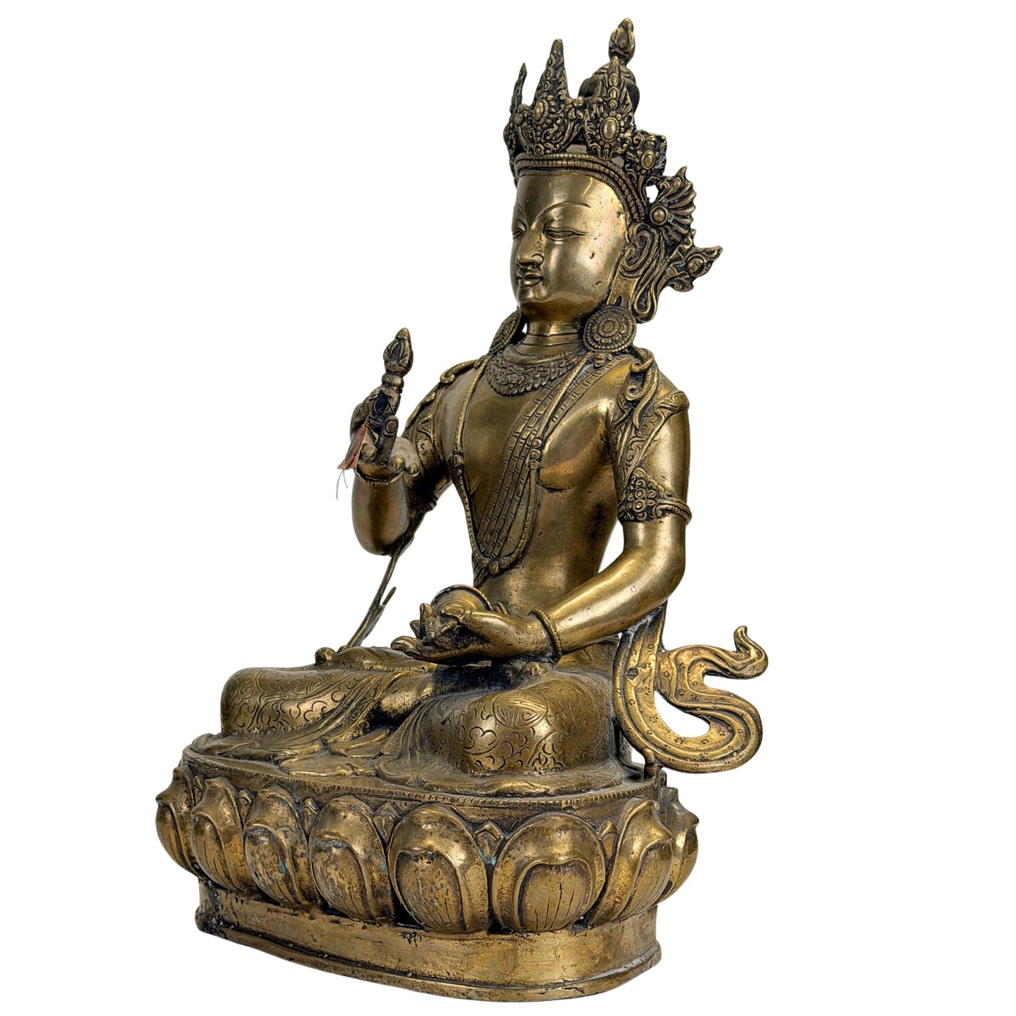 Front three-quarter view of the Tibetan Vajrasattva with richly decorated crown