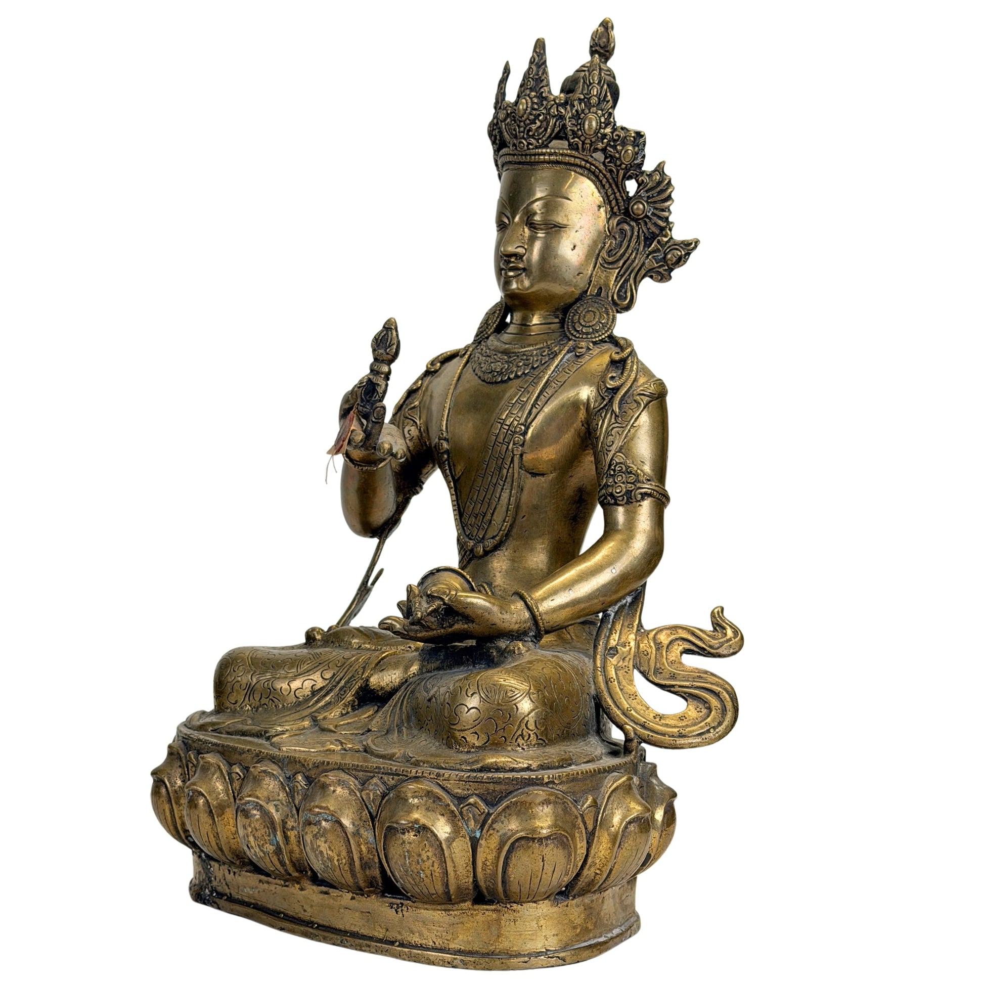 Front three-quarter view of the Tibetan Vajrasattva with richly decorated crown