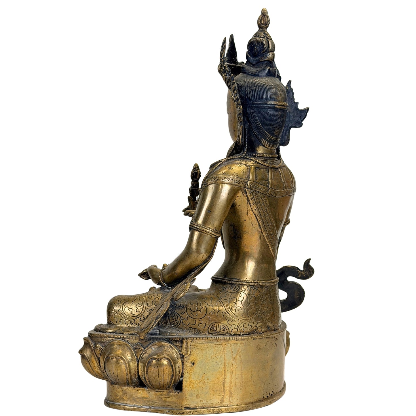 Rear three-quarter view of the antique Tibetan Vajrasattva with engraved robe