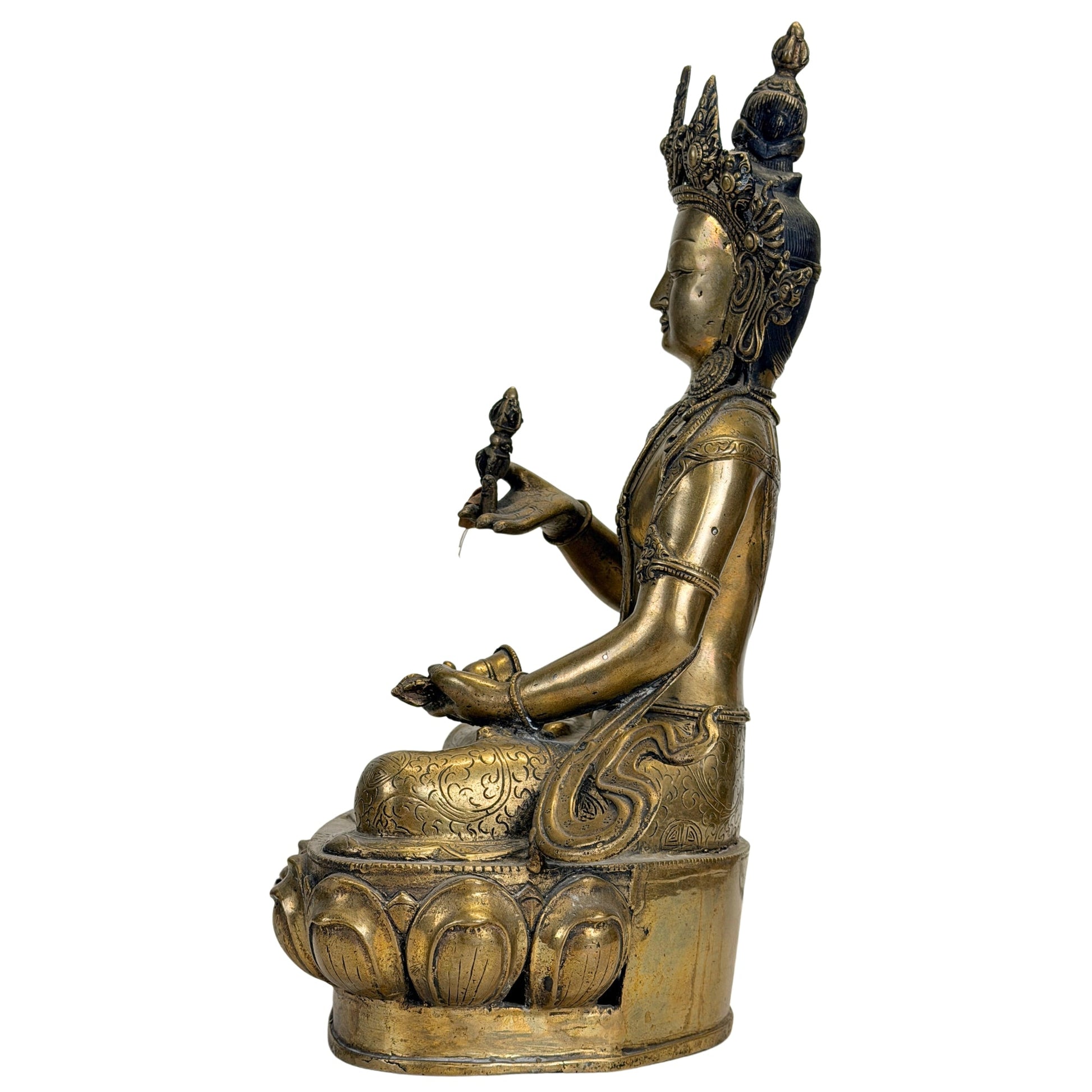 Side view of the monumental Tibetan Vajrasattva with historic fire gilding