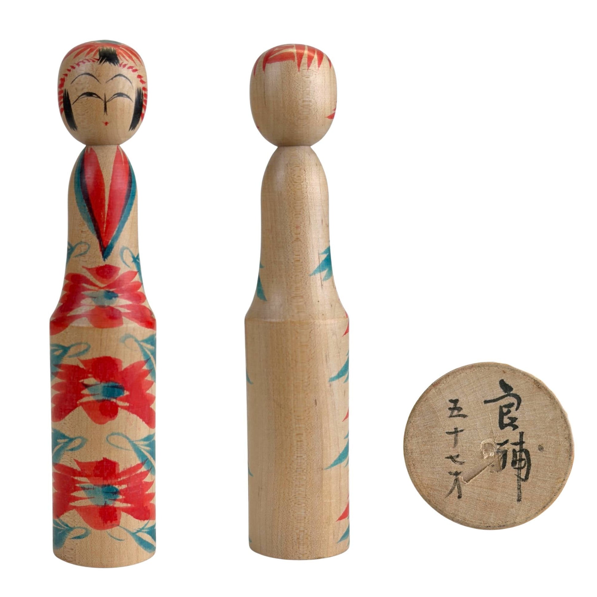 Togatta Kokeshi door Yoshio Ogasawara, vooraanzicht en zijaanzicht