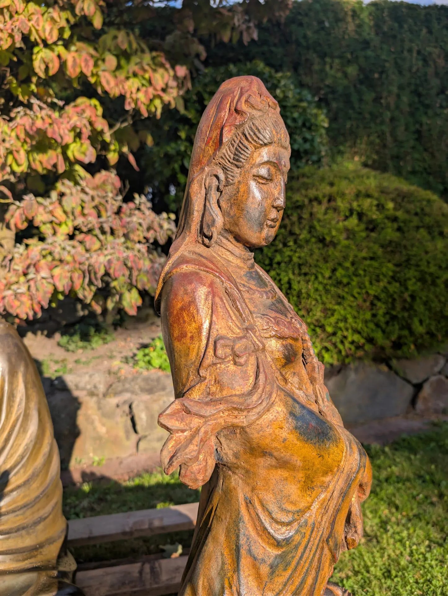 Traditionele Chinese laktechniek hout Kwanyin sculptuur audit