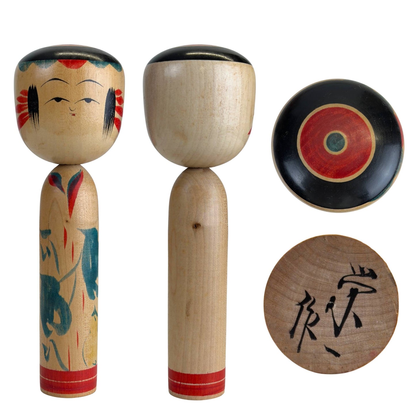 Tsuchiyu Kokeshi door Eisaku Abe, frontaal aanzicht en zijaanzicht