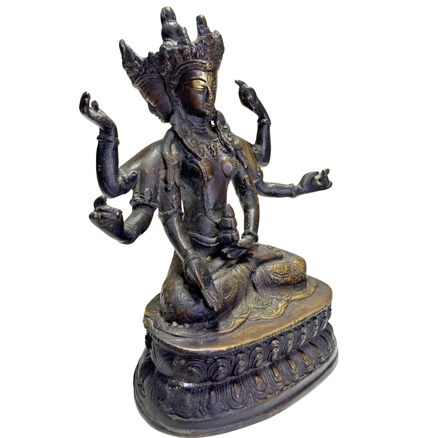 Ushnishavijaya beeld uit de Himalaya sfeer met meerarmige iconografie en lotusbasis