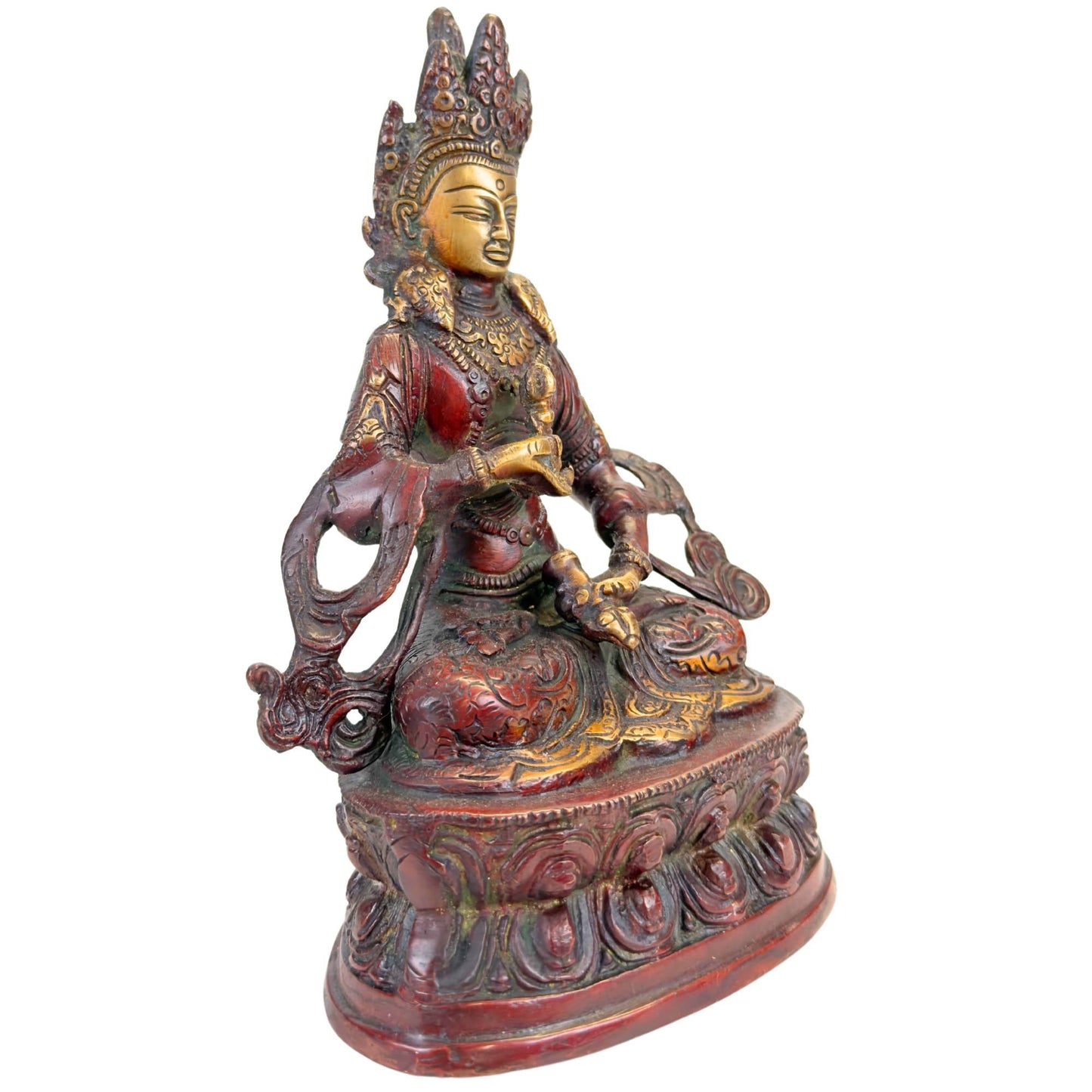 Detail van Vajrasattva gezicht met vergulde huid, hoge kroon en fijn uitgewerkte Himalaya sierdetails