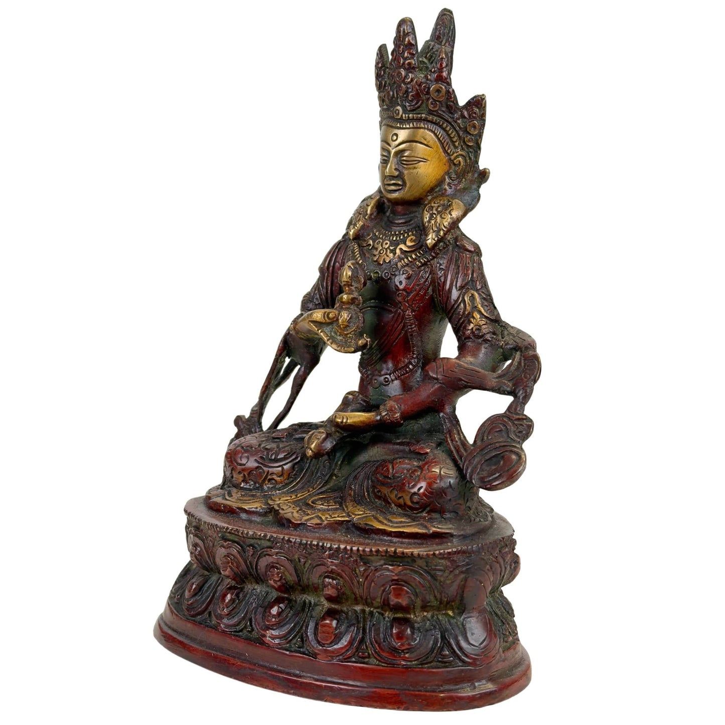 Detail van Vajrasattva kroon met goudkleurige accenten, rode patina en groene oxidatiesporen