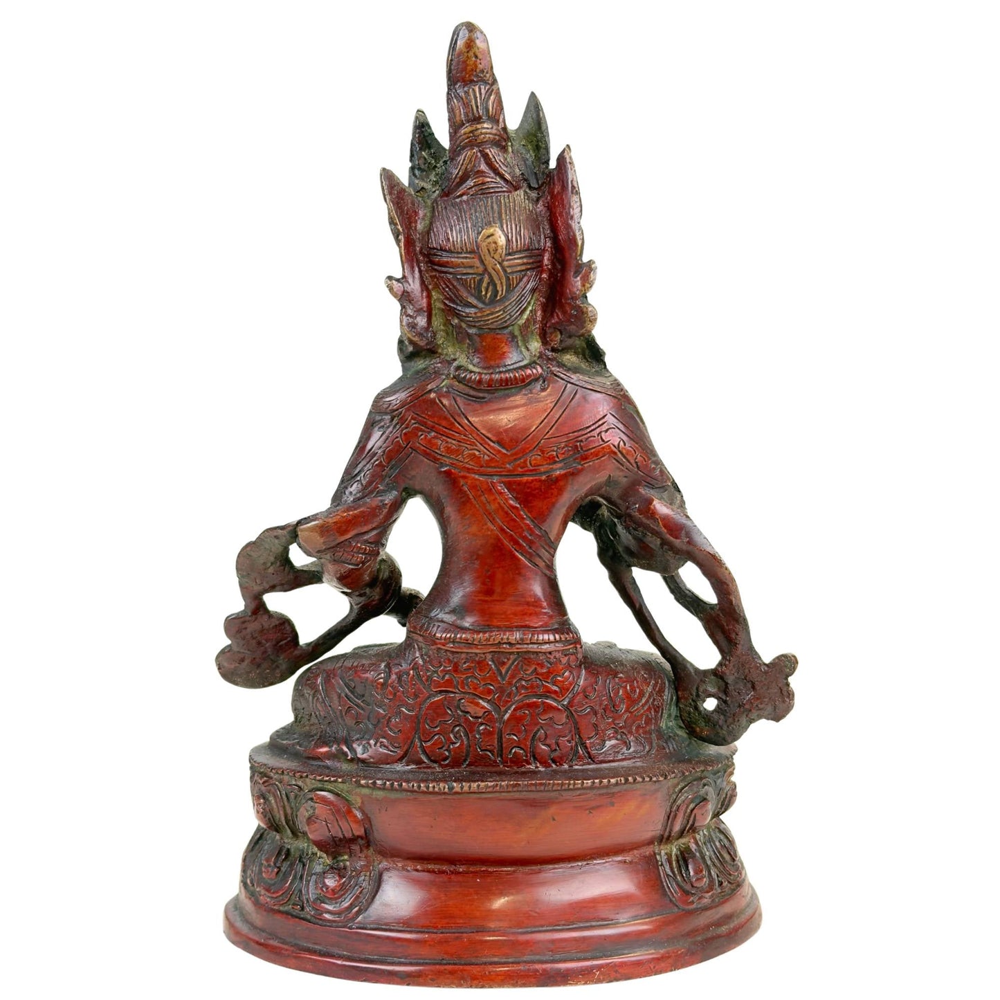 Rugzijde van Himalaya Vajrasattva beeld met roodbruine patina, sierdetails en natuurlijke koperoxidatie