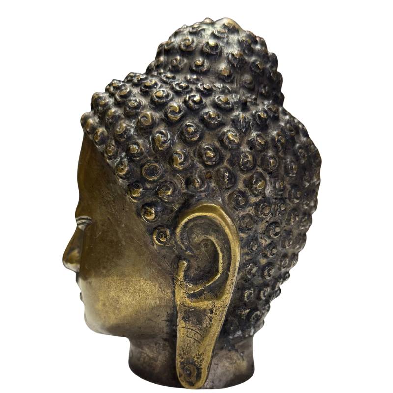 verguld bronzen boeddha hoofd uit myanmar met oude slijtage