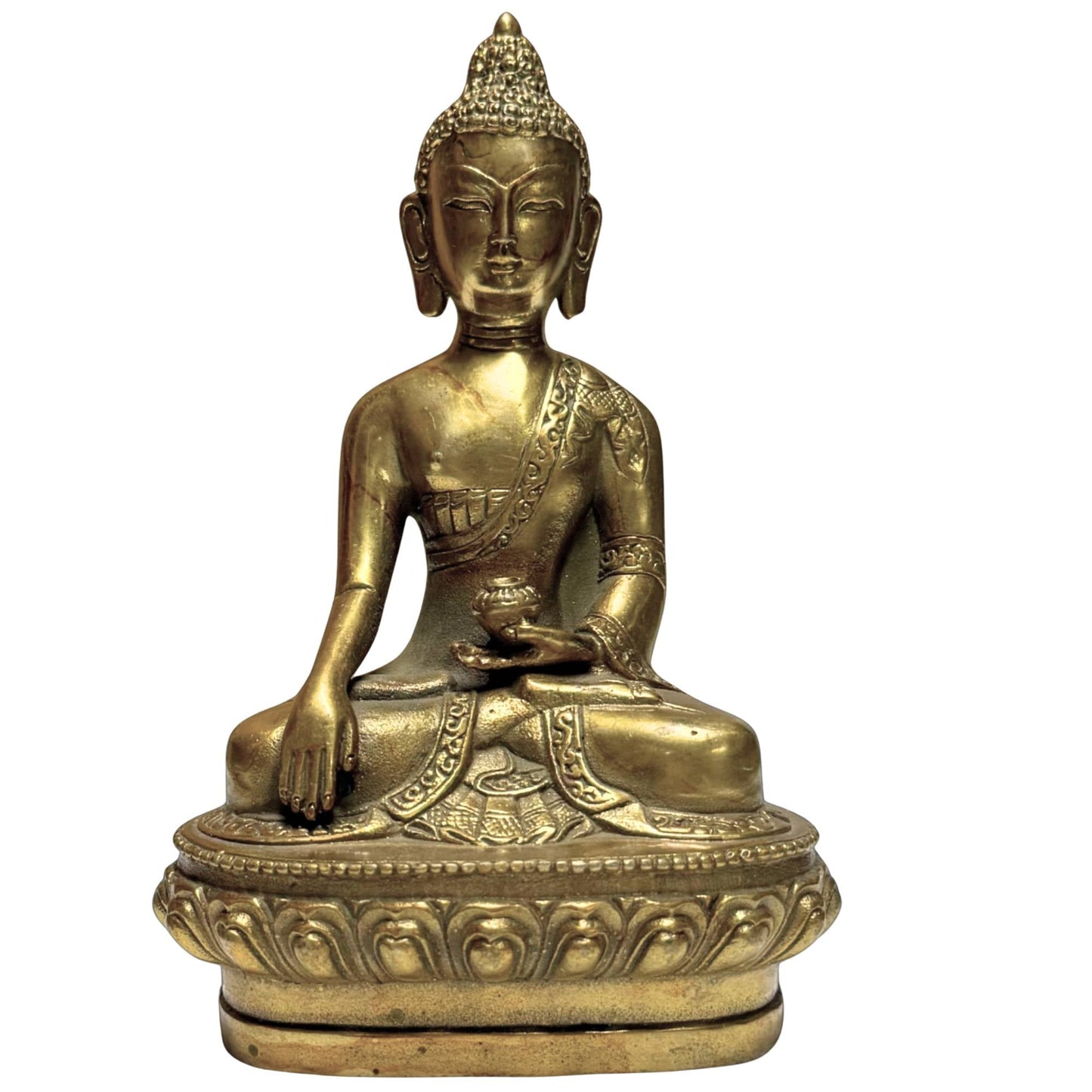 Verguld bronzen Boeddha beeld met Bhumisparsha mudra als symbool voor aarding en verlichting