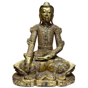 Verguld Mandalay Boeddha Beeld uit Myanmar – Bhumisparsha Mudra – Symbool voor Aarding en Verlichting
