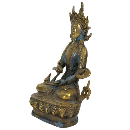 Vintage Amitayus Buddha – Brass, ca. 1970–2000, 18.8 cm – opposite three-quarter front view