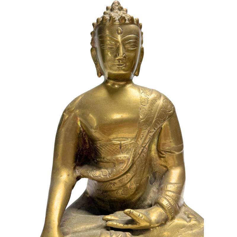 Vintage boeddhistische kunst van een zittende Shakyamuni Boeddha in brons-messing.