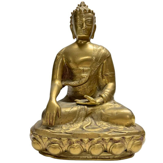 Volledig vooraanzicht van een vintage bronzen Shakyamuni Boeddha beeld zittend op een lotus troon, hoogte 24,5 cm