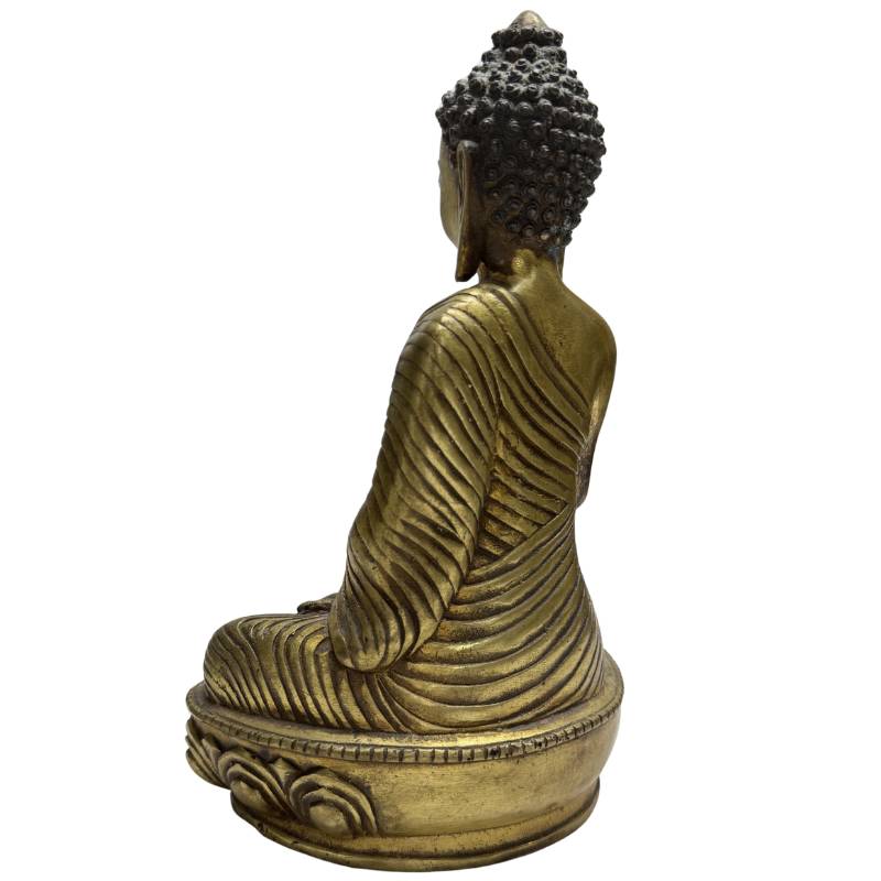 Schuin achteraanzicht van de linkerzijde van het vintage deels vergulde Chinese bronzen Boeddhabeeld, zittend op een lotuszetel met de nadruk op de dikke, geplooide mouw van het gewaad en de structuur van het krulletjeskapsel.