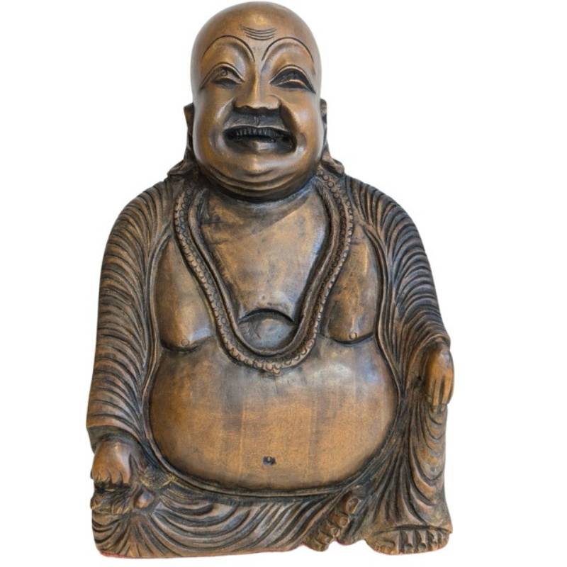 Vintage Chinese hand-carved wooden Budai, the Laughing Buddha