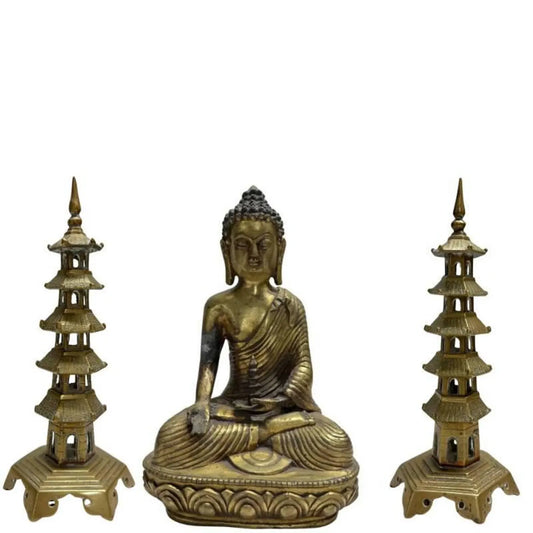 Vintage Chinese Medicine Buddha Altar Set – Bronze, 3 Pieces – front view