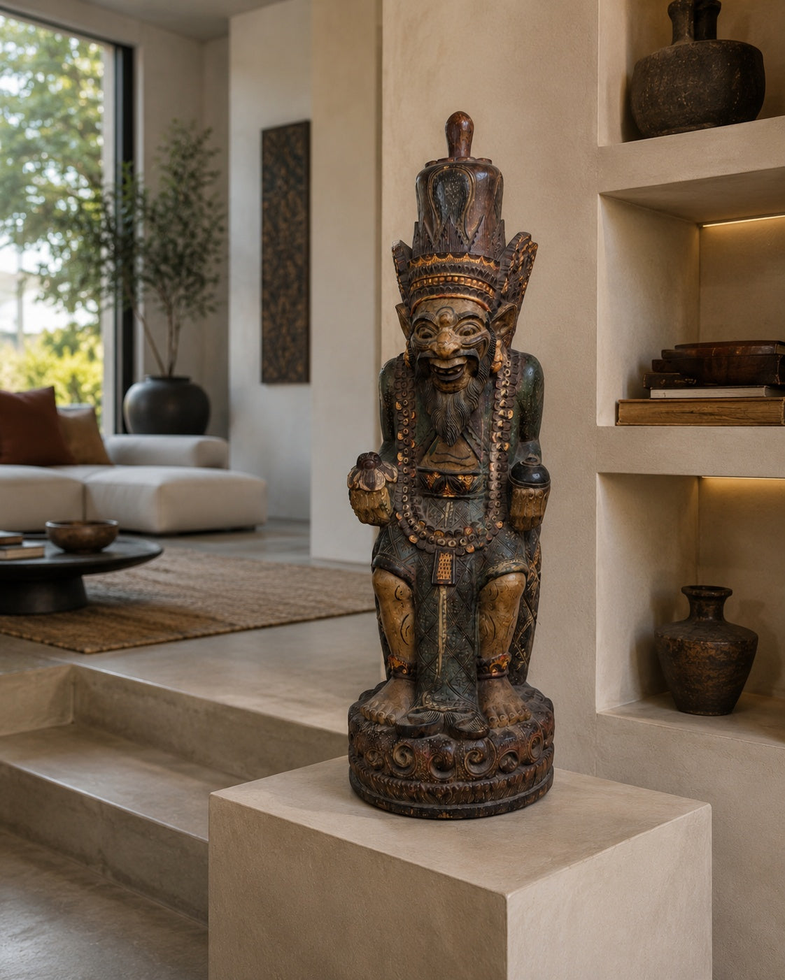 Detail van het expressieve gezicht en de baard van het polychroom Balinese beeld.