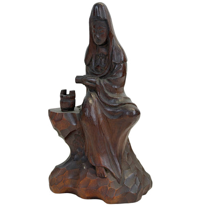Vintage Japanese Kannon – Carved Hinoki Wood, 14.2 cm – opposite three-quarter front view
