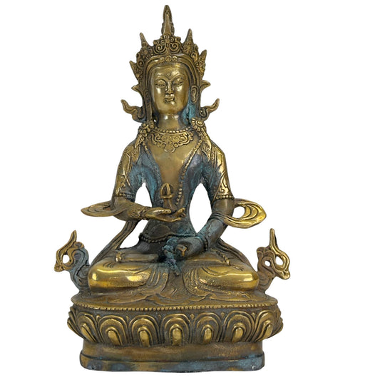 Vintage messing sculptuur van Amitayus met een decoratieve verdigris patina