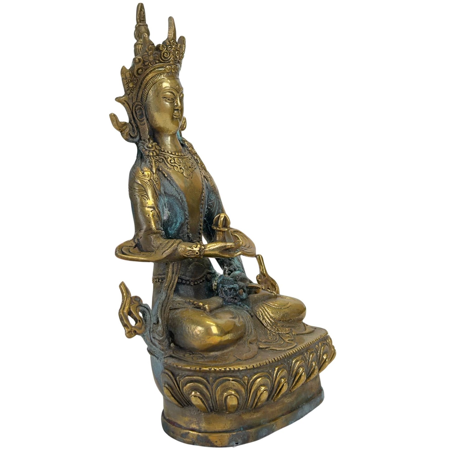 Gegoten messing boeddhabeeld van Amitayus in meditatieve lotushouding
