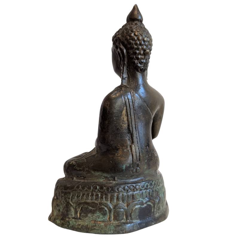 Rear-left view of the compact bronze Buddha with dark natural patina