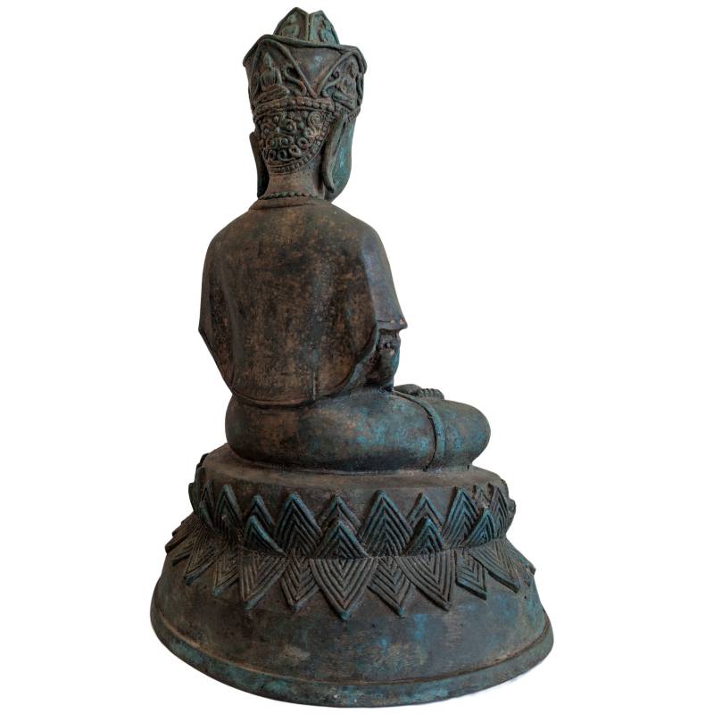 Rear-right view showing the crown, robe and aged bronze patina