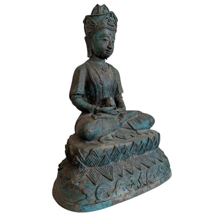 Right-front view of the crowned Thai bronze Buddha holding a small vessel in the lap