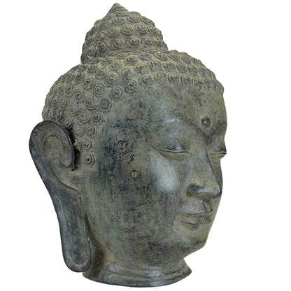 Vintage Thai U Thong-Style Buddha Head – Bronze, 27 cm – three-quarter front view