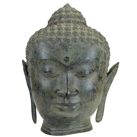 Vintage Thai U Thong-Style Buddha Head – Bronze, 27 cm – front view