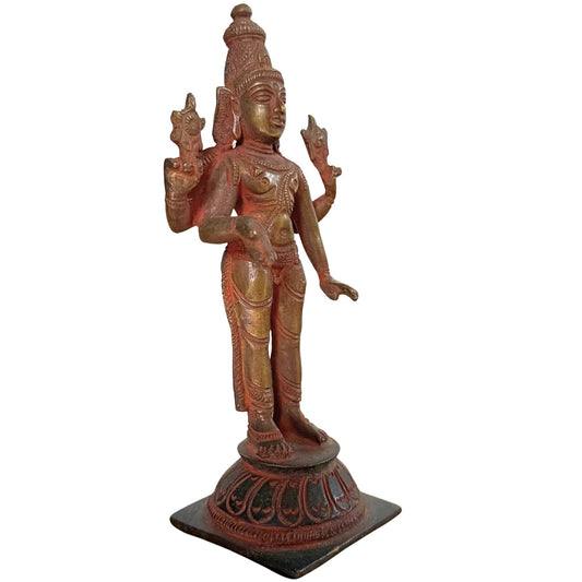 Detail van antiek Vishnu brons met gelaagd ritueel sindoor poeder onder de microscoop
