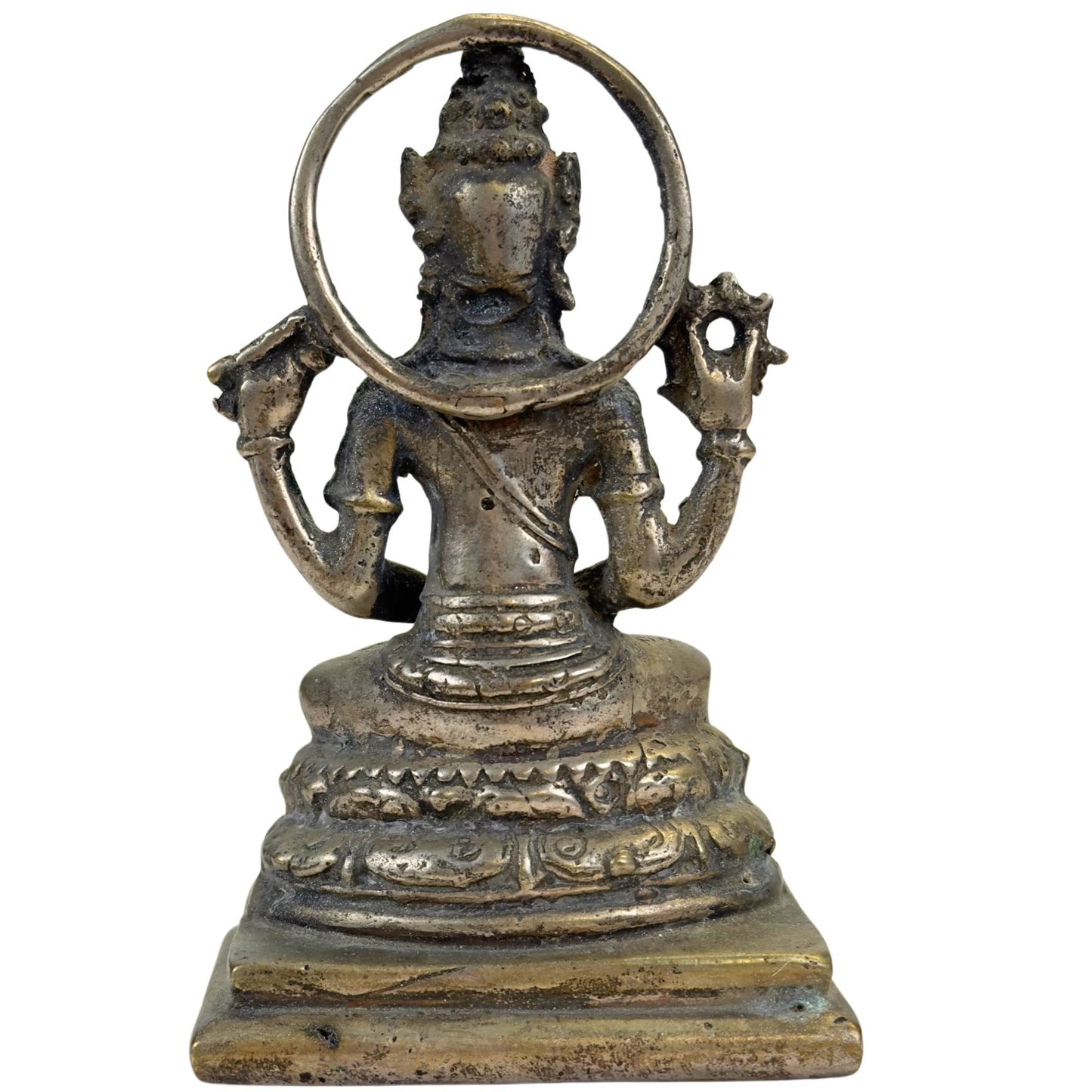 Bronzen Vishnu met Sudarshana chakra en shankha schelp, klassieke hindoe iconografie uit Indonesië