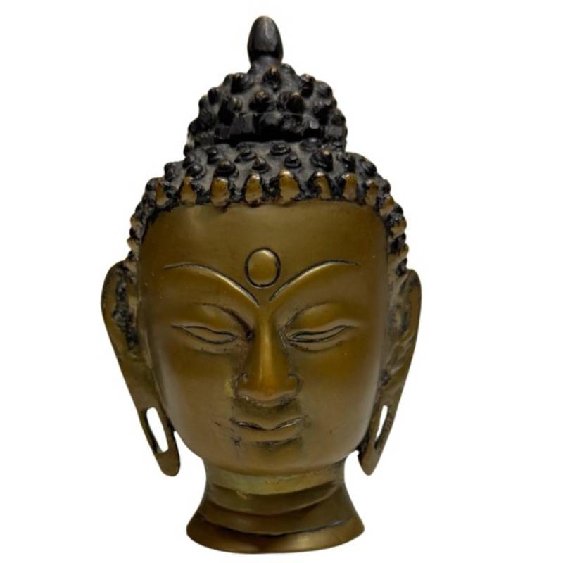 Vuurverguld bronzen boeddhahoofd uit Nepal met originele kwikvergulding en natuurlijke patina, 18e–19e eeuw