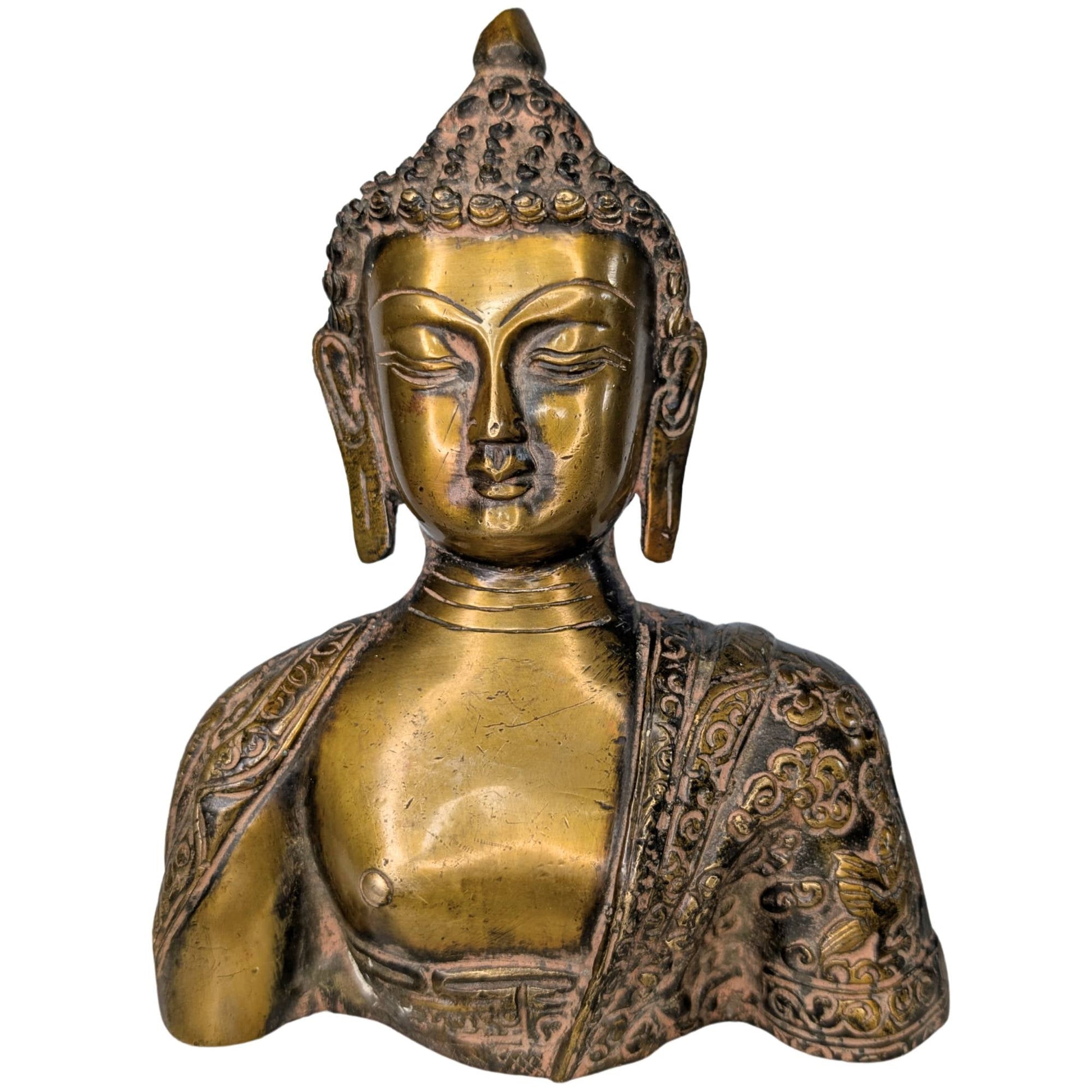 Vooraanzicht van een zware vuurvergulde bronzen Boeddha buste in Tibetaanse stijl.
