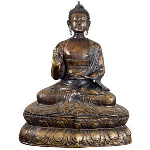 Monumentaal Antiek Vuurverguld Bronzen Shakyamuni Boeddha Beeld – Kasaya Rijstveldgewaad – 18e Eeuw – 69 cm / 27,00 kg