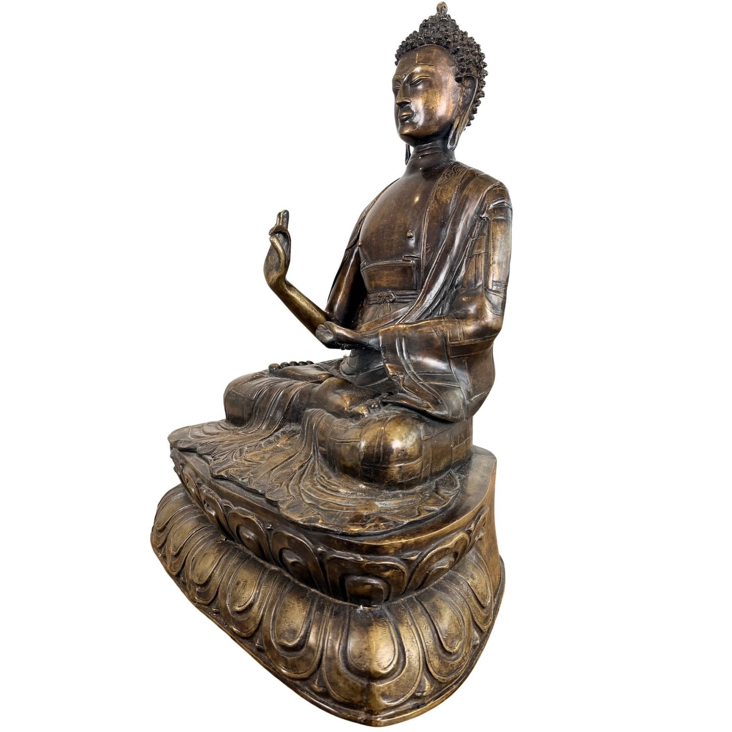 Grote vuurvergulde bronzen Boeddha uit de 18e of 19e eeuw met abhaya mudra, dubbele lotusbasis en zware tempelkwaliteit