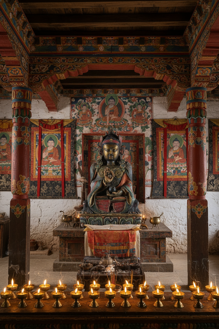 Zeldzaam polychroom houten boeddhabeeld Karmapa audit