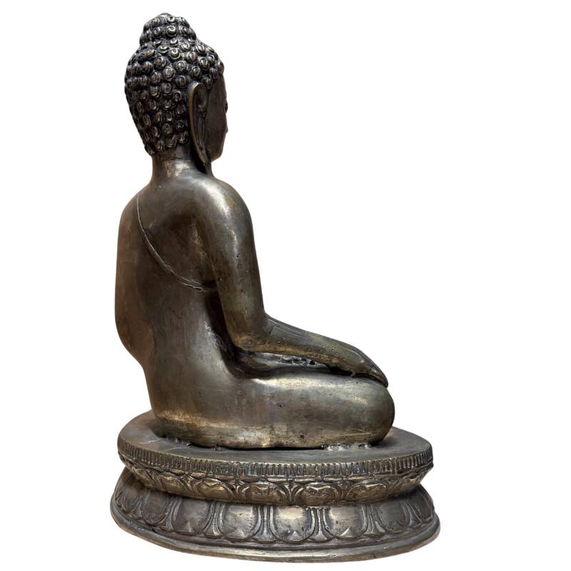 Zijaanzicht verzilverd messing tempelbeeld historische patina Trans-Himalaya.