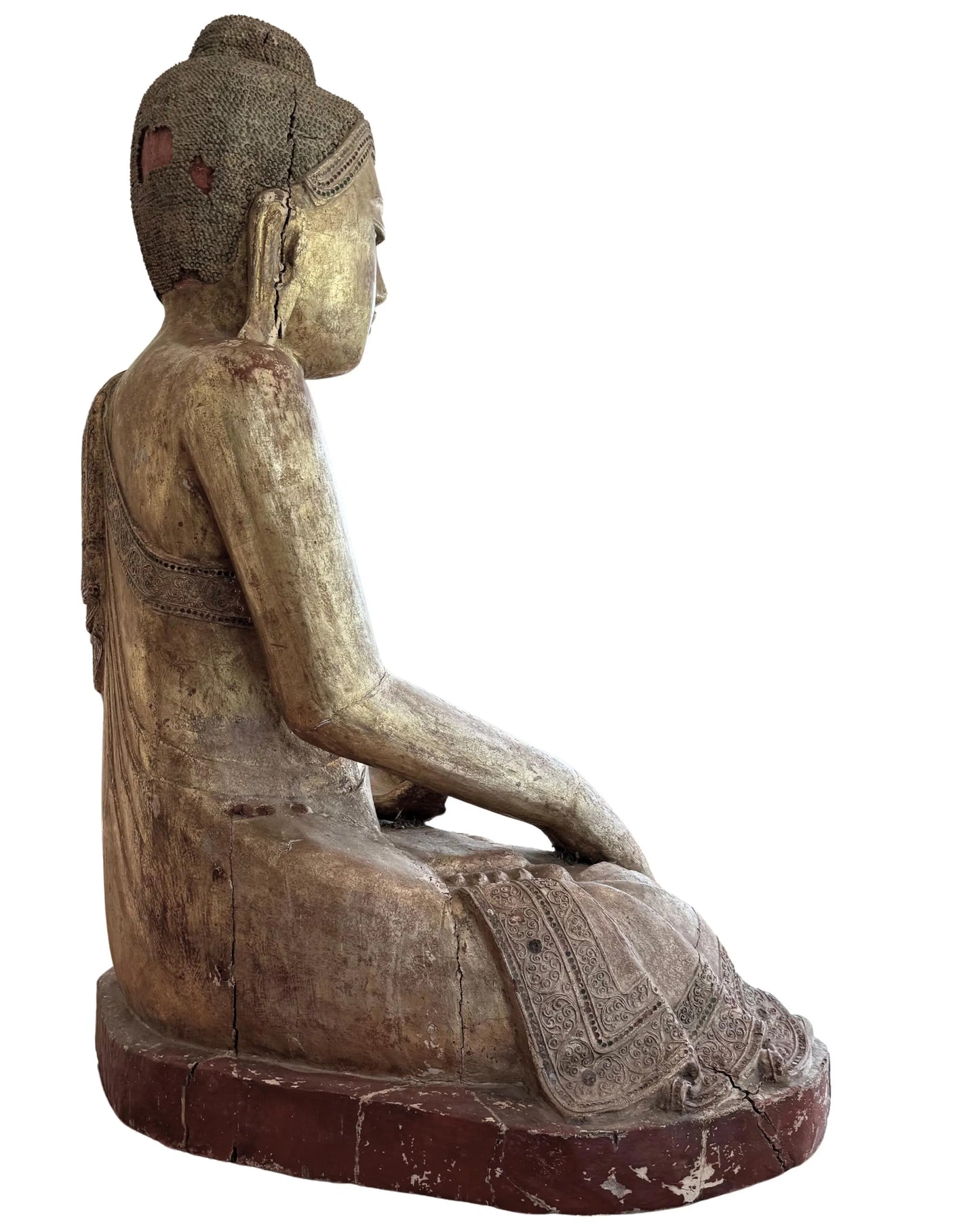zittende Boeddha hout antiek Birma altaar beeld met patina