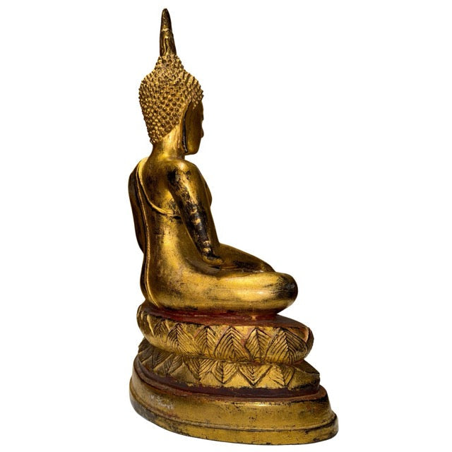 Zwaar bronzen Thai Boeddha beeld met oude patina, vergulding en krachtige aanwezigheid